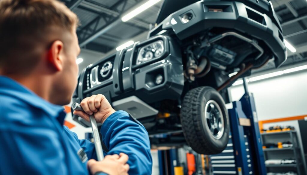 A Nissan Patrol undergoing maintenance in a well-lit, professional garage environment. In the foreground, a skilled mechanic, dressed in a clean blue jumpsuit, is inspecting the engine with a wrench in hand, tools neatly arranged nearby. In the middle, the Nissan Patrol, with its iconic rugged design and bold grille, is elevated on a hydraulic lift, showcasing its undercarriage and detailing. The background features shelves stocked with automotive tools and parts, with soft overhead lighting illuminating the scene, creating a focused and industrious atmosphere. The image captures the essence of practical vehicle maintenance and highlights the durability of the Nissan Patrol.