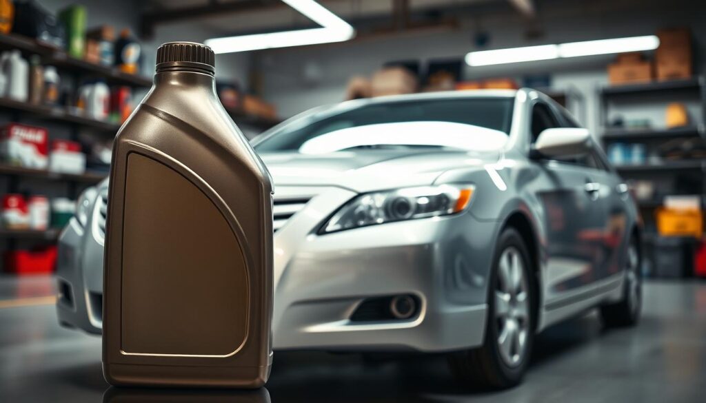 A close-up view of a 2006 Toyota Camry parked in a well-lit garage. The foreground features a shiny bottle of high-quality engine oil prominently displayed, with the cap slightly opened. In the middle, the Camry's sleek design and polished exterior glisten under soft, overhead lighting that accentuates its curves and contours. The background consists of shelves filled with various automotive maintenance products, creating a work-friendly atmosphere. Ensure the focus remains on the car and the engine oil, capturing a mood of reliability and professionalism. The image should be shot with a shallow depth of field to keep the Camry and the oil in sharp focus while gently blurring the background. No text or watermarks should be included. A close-up view of a 2006 Toyota Camry parked in a well-lit garage. The foreground features a shiny bottle of high-quality engine oil prominently displayed, with the cap slightly opened. In the middle, the Camry's sleek design and polished exterior glisten under soft, overhead lighting that accentuates its curves and contours. The background consists of shelves filled with various automotive maintenance products, creating a work-friendly atmosphere. Ensure the focus remains on the car and the engine oil, capturing a mood of reliability and professionalism. The image should be shot with a shallow depth of field to keep the Camry and the oil in sharp focus while gently blurring the background. No text or watermarks should be included.