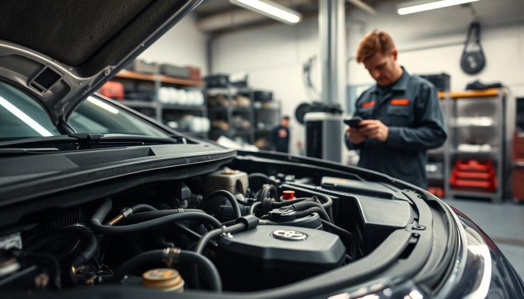 A close-up view of a 2016 Toyota Camry parked in a well-lit auto repair garage. In the foreground, focus on the engine bay with visible minor mechanical issues highlighted, such as a leaking fluid or frayed belts, with tools scattered around. In the middle ground, a mechanic wearing professional attire carefully examines the engine, holding a diagnostic tool. The background features shelves filled with car parts and diagnostic equipment, creating an authentic garage atmosphere. Soft, diffused lighting illuminates the scene, emphasizing the details of the car and the mechanic's concentration. The mood is one of diligence and attention, reflecting the process of troubleshooting common car issues. A close-up view of a 2016 Toyota Camry parked in a well-lit auto repair garage. In the foreground, focus on the engine bay with visible minor mechanical issues highlighted, such as a leaking fluid or frayed belts, with tools scattered around. In the middle ground, a mechanic wearing professional attire carefully examines the engine, holding a diagnostic tool. The background features shelves filled with car parts and diagnostic equipment, creating an authentic garage atmosphere. Soft, diffused lighting illuminates the scene, emphasizing the details of the car and the mechanic's concentration. The mood is one of diligence and attention, reflecting the process of troubleshooting common car issues.