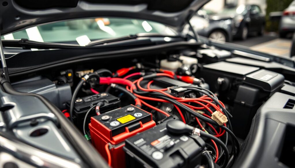 A close-up view of a Toyota Camry 2011's electric system, showcasing the intricate wiring and components within the engine compartment. In the foreground, focus on the battery and electric circuits, with vibrant colors and textures emphasizing the modern technology. In the middle ground, include the connections to the vehicle’s interior, like the wiring harness leading to the dashboard, under soft diffused lighting to highlight details. The background features an open hood with a blurred view of the car's exterior, captured at a slight angle to provide depth. The overall atmosphere is technical and informative, evoking a sense of reliability and innovation, perfect for exploring electrical system issues. A close-up view of a Toyota Camry 2011's electric system, showcasing the intricate wiring and components within the engine compartment. In the foreground, focus on the battery and electric circuits, with vibrant colors and textures emphasizing the modern technology. In the middle ground, include the connections to the vehicle’s interior, like the wiring harness leading to the dashboard, under soft diffused lighting to highlight details. The background features an open hood with a blurred view of the car's exterior, captured at a slight angle to provide depth. The overall atmosphere is technical and informative, evoking a sense of reliability and innovation, perfect for exploring electrical system issues.