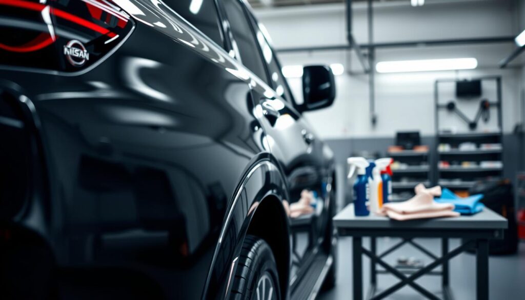 A close-up view of a meticulously maintained Nissan Patrol Nismo in a professional car care setting. In the foreground, focus on a detailed treatment of the car's sleek exterior, showcasing its sporty design and unique features—glossy paint, bold lines, and distinctive Nismo branding. The middle ground includes tools and products specifically for car care, like microfiber cloths, wax, and detailing spray, arranged neatly on a worktable. In the background, a well-lit garage environment enhances the mood, with soft, diffused lighting creating a polished atmosphere. Use a shallow depth of field to bring emphasis to the car's bodywork while keeping the surroundings softly blurred, conveying a sense of precision and expertise in automotive care. A close-up view of a meticulously maintained Nissan Patrol Nismo in a professional car care setting. In the foreground, focus on a detailed treatment of the car's sleek exterior, showcasing its sporty design and unique features—glossy paint, bold lines, and distinctive Nismo branding. The middle ground includes tools and products specifically for car care, like microfiber cloths, wax, and detailing spray, arranged neatly on a worktable. In the background, a well-lit garage environment enhances the mood, with soft, diffused lighting creating a polished atmosphere. Use a shallow depth of field to bring emphasis to the car's bodywork while keeping the surroundings softly blurred, conveying a sense of precision and expertise in automotive care.