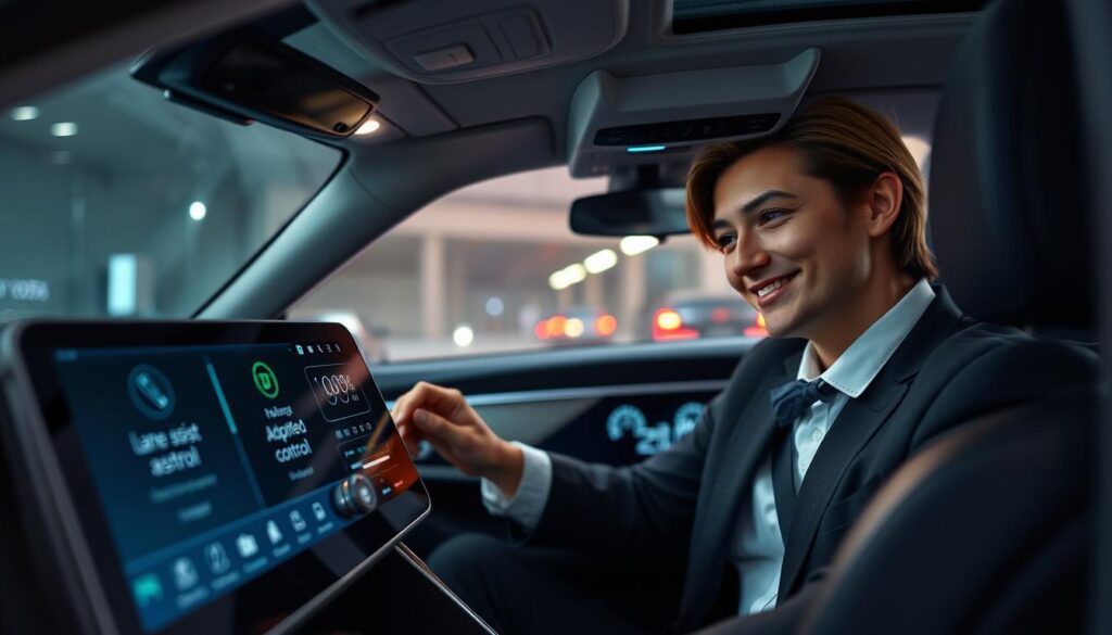 A close-up view of a modern Toyota Camry 2025 interior, showcasing the advanced Toyota Safety Sense 3.0 technology. The foreground features a high-tech touchscreen display highlighting safety features, such as lane assist and adaptive cruise control. The middle ground includes a driver in professional business attire, focused on using the controls with a slight smile, conveying confidence and safety. The background displays a sleek dashboard and ambient lighting that enhances the high-tech atmosphere. The scene is well-lit, emphasizing the innovative design of the vehicle. The angle is slightly tilted to capture both the driver and the advanced technology seamlessly. The mood is positive and progressive, illustrating the safety commitment of Toyota. A close-up view of a modern Toyota Camry 2025 interior, showcasing the advanced Toyota Safety Sense 3.0 technology. The foreground features a high-tech touchscreen display highlighting safety features, such as lane assist and adaptive cruise control. The middle ground includes a driver in professional business attire, focused on using the controls with a slight smile, conveying confidence and safety. The background displays a sleek dashboard and ambient lighting that enhances the high-tech atmosphere. The scene is well-lit, emphasizing the innovative design of the vehicle. The angle is slightly tilted to capture both the driver and the advanced technology seamlessly. The mood is positive and progressive, illustrating the safety commitment of Toyota.