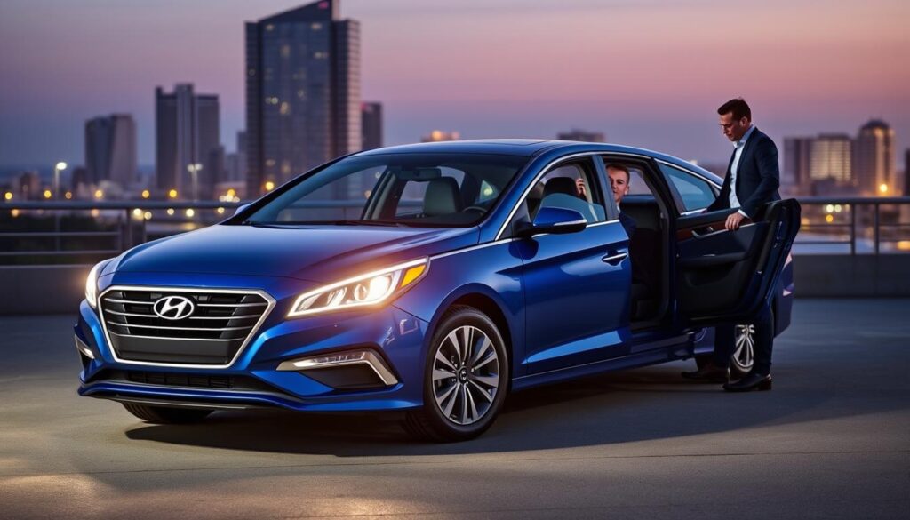A detailed analysis of the features of the 2016 Hyundai Sonata, presented in a visually appealing format. In the foreground, showcase a sleek 2016 Sonata in a vibrant metallic blue, parked elegantly on a smooth concrete surface. The car's headlights should be illuminated, reflecting a warm evening glow that highlights its modern design. In the middle ground, include a professional-looking individual, dressed in smart casual attire, examining the car’s interior features, such as the dashboard with a touchscreen display and plush seating. The background features a cityscape at dusk, bathed in soft, ambient light, adding depth and context to the scene. The overall atmosphere should evoke sophistication and innovation, with a focus on the Sonata's key attributes. A detailed analysis of the features of the 2016 Hyundai Sonata, presented in a visually appealing format. In the foreground, showcase a sleek 2016 Sonata in a vibrant metallic blue, parked elegantly on a smooth concrete surface. The car's headlights should be illuminated, reflecting a warm evening glow that highlights its modern design. In the middle ground, include a professional-looking individual, dressed in smart casual attire, examining the car’s interior features, such as the dashboard with a touchscreen display and plush seating. The background features a cityscape at dusk, bathed in soft, ambient light, adding depth and context to the scene. The overall atmosphere should evoke sophistication and innovation, with a focus on the Sonata's key attributes.