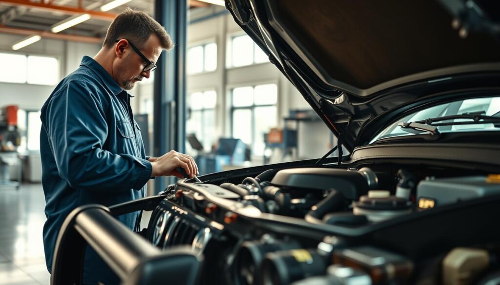 A detailed and focused image showcasing a Nissan Patrol undergoing maintenance in a well-lit automotive workshop. In the foreground, a professional mechanic in a clean blue jumpsuit and safety glasses is seen inspecting the engine of a shiny black Nissan Patrol, using specialized tools. The middle ground features an organized workbench with automotive parts and tools, reflecting a meticulous maintenance environment. In the background, large windows allow natural light to flood the space, illuminating the workshop's clean, modern equipment. The atmosphere conveys a sense of expertise and attention to detail, emphasizing the importance of maintaining the vehicle's value. Capture the scene from a slightly elevated angle to provide a comprehensive view of the maintenance process, with warm, inviting lighting that enhances the professionalism of the setting. A detailed and focused image showcasing a Nissan Patrol undergoing maintenance in a well-lit automotive workshop. In the foreground, a professional mechanic in a clean blue jumpsuit and safety glasses is seen inspecting the engine of a shiny black Nissan Patrol, using specialized tools. The middle ground features an organized workbench with automotive parts and tools, reflecting a meticulous maintenance environment. In the background, large windows allow natural light to flood the space, illuminating the workshop's clean, modern equipment. The atmosphere conveys a sense of expertise and attention to detail, emphasizing the importance of maintaining the vehicle's value. Capture the scene from a slightly elevated angle to provide a comprehensive view of the maintenance process, with warm, inviting lighting that enhances the professionalism of the setting.