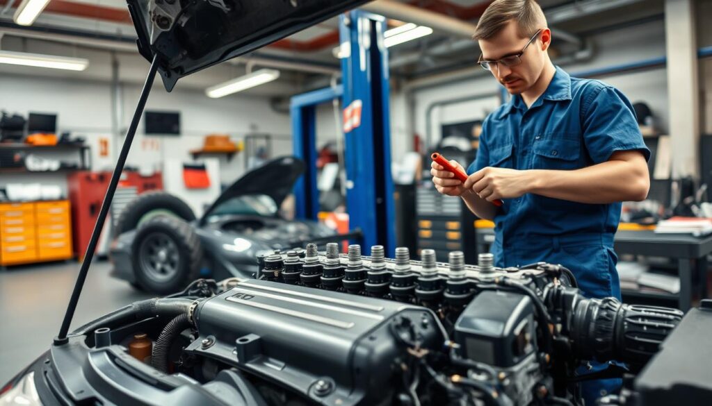 A detailed automotive repair scene focused on a 2002 Toyota Camry engine. In the foreground, a mechanic in a blue jumpsuit, with safety glasses, is inspecting the engine with tools in hand. The engine is partially disassembled, showcasing various components like the intake manifold and spark plugs. In the middle ground, a well-organized workshop with tools, manuals, and car parts spread out on a workbench, providing a sense of activity and professionalism. The background features a garage with bright overhead lighting, emphasizing cleanliness. The mood is focused and industrious, illustrating the step-by-step maintenance process of a Camry engine, with a soft depth of field to keep attention on the mechanic and the engine. A detailed automotive repair scene focused on a 2002 Toyota Camry engine. In the foreground, a mechanic in a blue jumpsuit, with safety glasses, is inspecting the engine with tools in hand. The engine is partially disassembled, showcasing various components like the intake manifold and spark plugs. In the middle ground, a well-organized workshop with tools, manuals, and car parts spread out on a workbench, providing a sense of activity and professionalism. The background features a garage with bright overhead lighting, emphasizing cleanliness. The mood is focused and industrious, illustrating the step-by-step maintenance process of a Camry engine, with a soft depth of field to keep attention on the mechanic and the engine.
