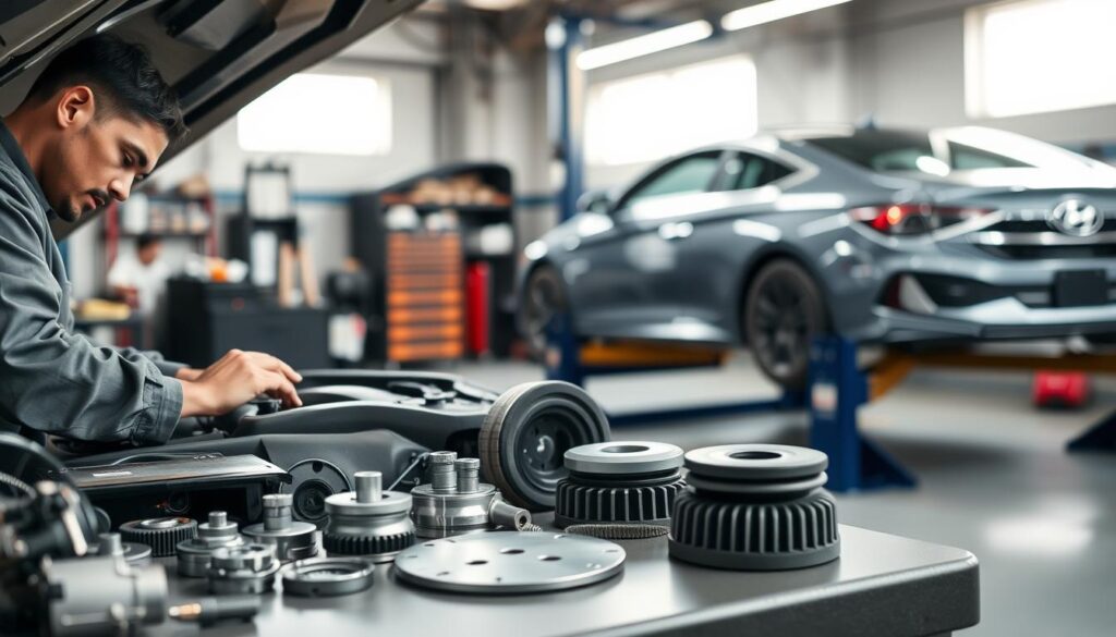 A detailed automotive service scene showcasing the periodic maintenance of a Hyundai Sonata. In the foreground, a mechanic in professional attire is inspecting the engine compartment, with a close-up of various genuine Sonata spare parts neatly organized beside him. The middle ground features a well-lit garage with tools and diagnostic equipment, emphasizing a professional environment. In the background, a Hyundai Sonata is prominently displayed on a hydraulic lift, showcasing its sleek design. The lighting is bright and focused, creating a clean and technical atmosphere, with soft shadows to enhance depth. The overall mood is industrious and efficient, reflecting the importance of regular maintenance and operational costs. No text, watermarks, or distractions present. A detailed automotive service scene showcasing the periodic maintenance of a Hyundai Sonata. In the foreground, a mechanic in professional attire is inspecting the engine compartment, with a close-up of various genuine Sonata spare parts neatly organized beside him. The middle ground features a well-lit garage with tools and diagnostic equipment, emphasizing a professional environment. In the background, a Hyundai Sonata is prominently displayed on a hydraulic lift, showcasing its sleek design. The lighting is bright and focused, creating a clean and technical atmosphere, with soft shadows to enhance depth. The overall mood is industrious and efficient, reflecting the importance of regular maintenance and operational costs. No text, watermarks, or distractions present.