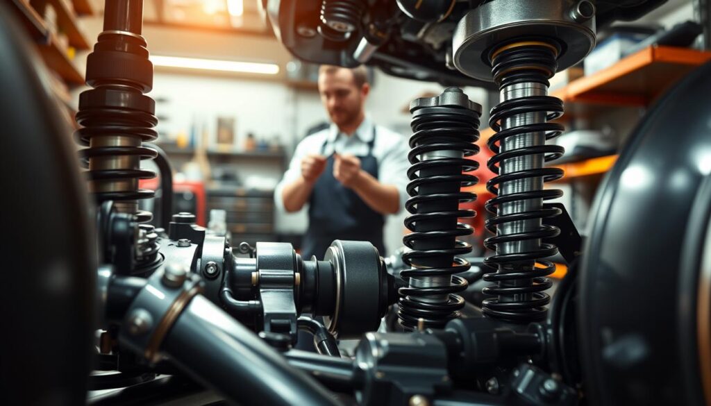 A detailed close-up of a car's suspension system, showcasing various components such as shock absorbers, springs, and control arms in an organized layout. In the foreground, highlight the sleek metallic surfaces and intricate parts illuminated by soft, natural lighting. The middle ground should feature a mechanic in professional attire, methodically inspecting the suspension system with tools in hand, demonstrating the importance of maintenance. The background contains a well-lit garage environment, with tools and equipment neatly arranged on shelves, enhancing the scene's technical atmosphere. The overall mood is focused and professional, emphasizing the significance of maintaining the suspension and steering system for a smooth driving experience. Use a slightly angled perspective to create depth, capturing the intricacies of the suspension system. A detailed close-up of a car's suspension system, showcasing various components such as shock absorbers, springs, and control arms in an organized layout. In the foreground, highlight the sleek metallic surfaces and intricate parts illuminated by soft, natural lighting. The middle ground should feature a mechanic in professional attire, methodically inspecting the suspension system with tools in hand, demonstrating the importance of maintenance. The background contains a well-lit garage environment, with tools and equipment neatly arranged on shelves, enhancing the scene's technical atmosphere. The overall mood is focused and professional, emphasizing the significance of maintaining the suspension and steering system for a smooth driving experience. Use a slightly angled perspective to create depth, capturing the intricacies of the suspension system.