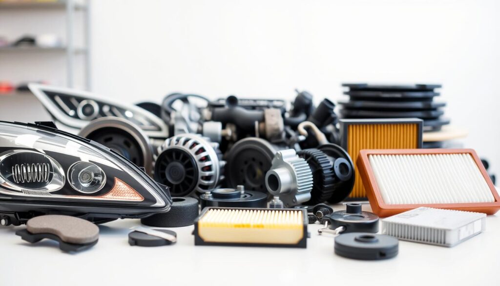 A detailed close-up of various Hyundai Sonata 2017 spare parts arranged neatly on a clean, white background. The foreground features essential components such as headlights, brake pads, and filters, showcasing their intricate details and textures. In the middle ground, display engine parts like the alternator and air filter, highlighting the reliability and functionality of each piece. The background should be blurred lightly to keep the focus on the parts while suggesting a workshop environment. The lighting is bright and even, creating a professional atmosphere that emphasizes the quality of the components. The mood is informative and technical, reflecting the importance of maintenance and operational costs for car owners. A detailed close-up of various Hyundai Sonata 2017 spare parts arranged neatly on a clean, white background. The foreground features essential components such as headlights, brake pads, and filters, showcasing their intricate details and textures. In the middle ground, display engine parts like the alternator and air filter, highlighting the reliability and functionality of each piece. The background should be blurred lightly to keep the focus on the parts while suggesting a workshop environment. The lighting is bright and even, creating a professional atmosphere that emphasizes the quality of the components. The mood is informative and technical, reflecting the importance of maintenance and operational costs for car owners.