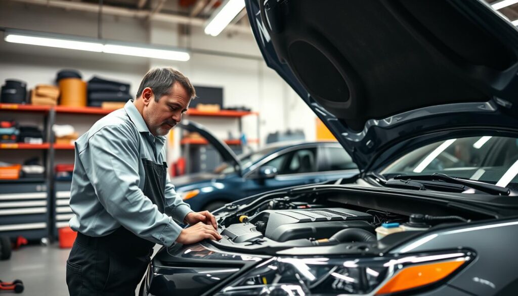 A detailed image of a car engine inspection taking place in a well-lit garage workshop. In the foreground, a mechanic in a professional uniform is focused on examining the engine components of a 2018 Camry, with various tools spread around. The middle ground features the Camry itself, showcasing its sleek design, with the hood open to reveal the engine's intricate parts. The background includes shelves with automotive tools and parts, softly illuminated by overhead fluorescent lights, casting a bright yet warm ambiance. The scene conveys a sense of professionalism and diligence, promoting a thorough understanding of routine maintenance for vehicle longevity. The lighting is bright but not harsh, captured from a slightly angled view for depth. A detailed image of a car engine inspection taking place in a well-lit garage workshop. In the foreground, a mechanic in a professional uniform is focused on examining the engine components of a 2018 Camry, with various tools spread around. The middle ground features the Camry itself, showcasing its sleek design, with the hood open to reveal the engine's intricate parts. The background includes shelves with automotive tools and parts, softly illuminated by overhead fluorescent lights, casting a bright yet warm ambiance. The scene conveys a sense of professionalism and diligence, promoting a thorough understanding of routine maintenance for vehicle longevity. The lighting is bright but not harsh, captured from a slightly angled view for depth.