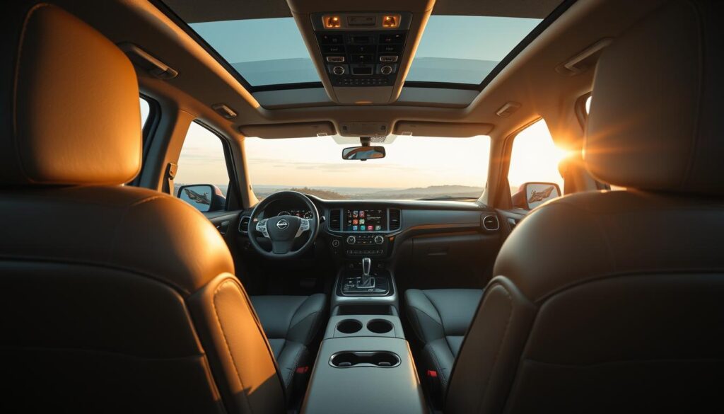 A detailed image of the interior cabin of a Nissan Patrol, showcasing luxurious seating and high-tech entertainment features. The foreground includes plush leather seats with intricate stitching and ambient LED lighting creating a warm atmosphere. In the middle ground, highlight the dashboard featuring an advanced touchscreen interface with various controls and modern technology. The background shows panoramic windows that allow natural light to flood the space, emphasizing the spaciousness. The lighting is soft and inviting, reminiscent of a sunset glow, enhancing the sophistication of the interior. Capture the scene from a slightly elevated angle to provide a comprehensive view, evoking a sense of comfort and elegance, ideal for family adventures.