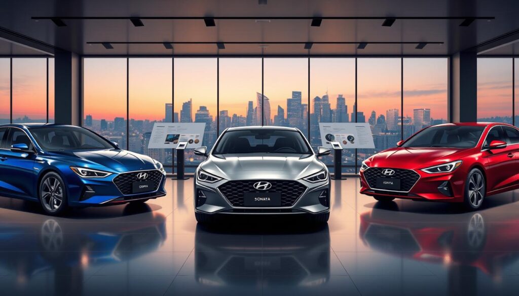 A detailed image showcasing the 2023 Hyundai Sonata in a sleek automotive showroom setting. In the foreground, illustrate three distinct Sonata variants, each with unique color schemes—one in deep blue, another in metallic silver, and a third in vibrant red. Arrange the cars in a dynamic angle to emphasize their sleek lines and modern design. In the middle ground, include stylish displays highlighting technical specifications and features of each model, using sophisticated lighting to create a polished, inviting atmosphere. The background should feature a panoramic window overlooking a city skyline at dusk, enhancing the sense of innovation and luxury. The scene conveys a professional and informative mood, perfect for a market comparison of the Sonata 2023. A detailed image showcasing the 2023 Hyundai Sonata in a sleek automotive showroom setting. In the foreground, illustrate three distinct Sonata variants, each with unique color schemes—one in deep blue, another in metallic silver, and a third in vibrant red. Arrange the cars in a dynamic angle to emphasize their sleek lines and modern design. In the middle ground, include stylish displays highlighting technical specifications and features of each model, using sophisticated lighting to create a polished, inviting atmosphere. The background should feature a panoramic window overlooking a city skyline at dusk, enhancing the sense of innovation and luxury. The scene conveys a professional and informative mood, perfect for a market comparison of the Sonata 2023.
