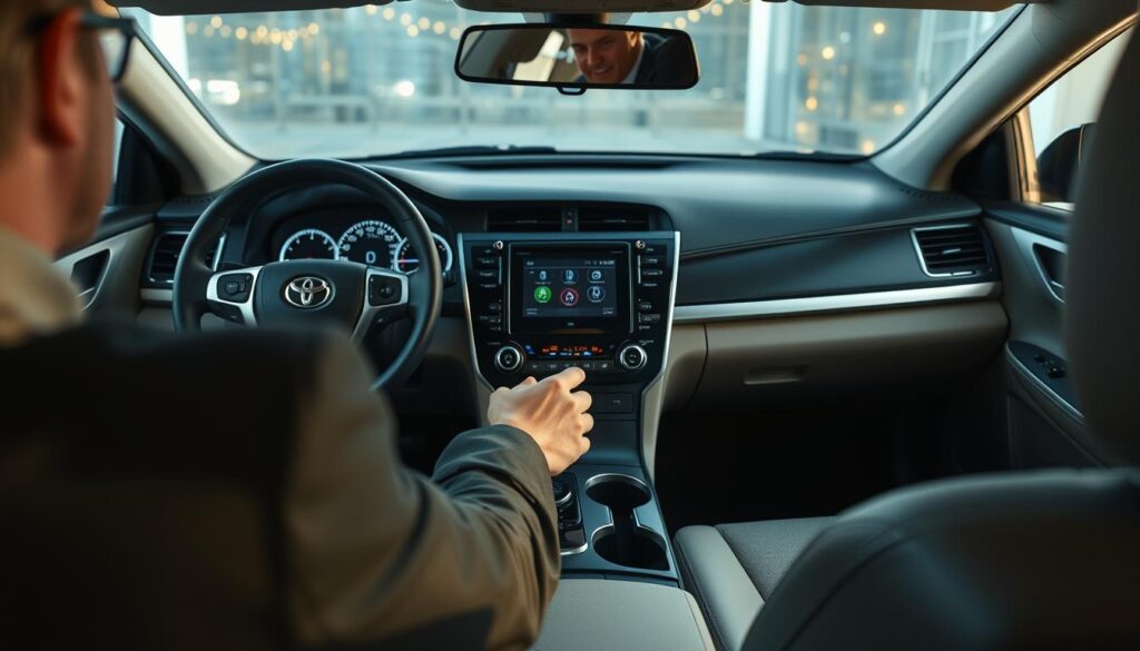 A detailed interior of a 2015 Toyota Camry, showcasing the dashboard and electronic systems. In the foreground, a person in professional business attire is inspecting the digital display and control buttons, focusing on features like the audio system, climate control, and navigation interface. The middle ground highlights the elegant design of the dashboard, with soft ambient lighting emphasizing the modern technology. In the background, the seats are plush and spacious, extending to the cabin that harmonizes luxury and functionality. Use a wide-angle lens to capture the entirety of the interior, with soft natural light filtering through the windows, creating a warm and inviting atmosphere ideal for a comprehensive vehicle inspection scene. A detailed interior of a 2015 Toyota Camry, showcasing the dashboard and electronic systems. In the foreground, a person in professional business attire is inspecting the digital display and control buttons, focusing on features like the audio system, climate control, and navigation interface. The middle ground highlights the elegant design of the dashboard, with soft ambient lighting emphasizing the modern technology. In the background, the seats are plush and spacious, extending to the cabin that harmonizes luxury and functionality. Use a wide-angle lens to capture the entirety of the interior, with soft natural light filtering through the windows, creating a warm and inviting atmosphere ideal for a comprehensive vehicle inspection scene.