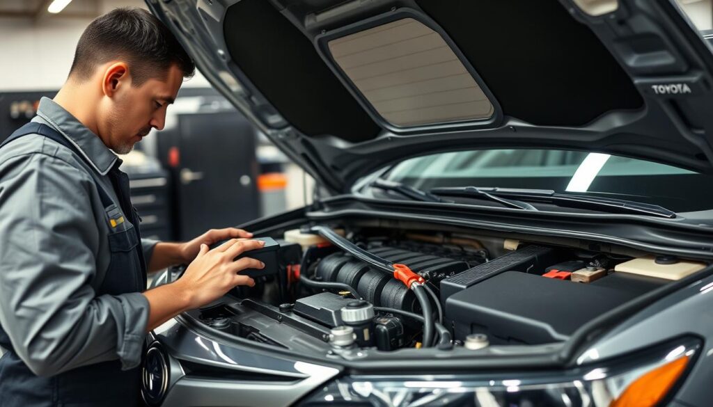 A detailed mechanic inspecting the engine of a 2018 Toyota Camry in a well-lit workshop. In the foreground, the mechanic, dressed in professional coveralls with tools nearby, closely examines the engine components, highlighting the intricate parts such as the battery, belts, and hoses. In the middle ground, the open hood reveals the engine's clean and well-organized layout, with chrome accents reflecting soft overhead lighting. The background features garage tools and equipment, slightly blurred to emphasize the inspection scene. The overall mood is focused and professional, showcasing the importance of evaluating the engine's condition during a purchase. The angle is slightly elevated, providing a clear view of both the mechanic's actions and the engine's details, creating an informative and engaging image. A detailed mechanic inspecting the engine of a 2018 Toyota Camry in a well-lit workshop. In the foreground, the mechanic, dressed in professional coveralls with tools nearby, closely examines the engine components, highlighting the intricate parts such as the battery, belts, and hoses. In the middle ground, the open hood reveals the engine's clean and well-organized layout, with chrome accents reflecting soft overhead lighting. The background features garage tools and equipment, slightly blurred to emphasize the inspection scene. The overall mood is focused and professional, showcasing the importance of evaluating the engine's condition during a purchase. The angle is slightly elevated, providing a clear view of both the mechanic's actions and the engine's details, creating an informative and engaging image.