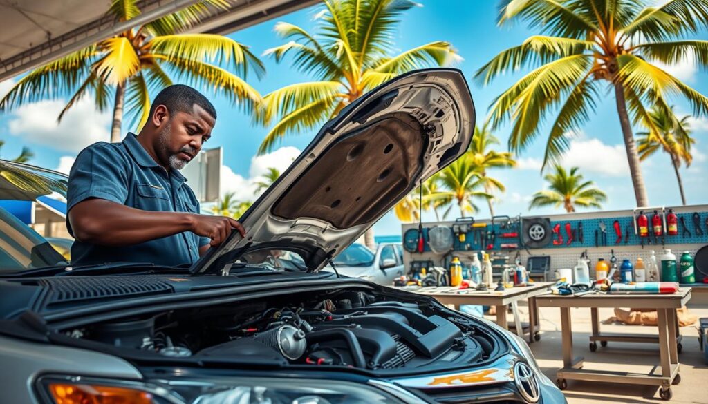 A detailed scene depicting a Toyota vehicle undergoing maintenance in a tropical auto repair shop in the Comoros Islands. In the foreground, a mechanic wearing a professional uniform is diligently inspecting the engine of a Toyota Camry 2011 model, showcasing the intricate details of the engine parts. In the middle ground, various automotive tools and spare parts can be seen neatly organized on a workbench, highlighting challenges related to sourcing genuine parts. The background features palm trees and a clear blue sky, suggesting a relaxing island vibe. The lighting is bright and natural, emphasizing the warm atmosphere of a car repair shop. The angle is slightly elevated, offering a comprehensive view of the entire maintenance scene, reflecting both professionalism and the unique context of the Comoros Islands. A detailed scene depicting a Toyota vehicle undergoing maintenance in a tropical auto repair shop in the Comoros Islands. In the foreground, a mechanic wearing a professional uniform is diligently inspecting the engine of a Toyota Camry 2011 model, showcasing the intricate details of the engine parts. In the middle ground, various automotive tools and spare parts can be seen neatly organized on a workbench, highlighting challenges related to sourcing genuine parts. The background features palm trees and a clear blue sky, suggesting a relaxing island vibe. The lighting is bright and natural, emphasizing the warm atmosphere of a car repair shop. The angle is slightly elevated, offering a comprehensive view of the entire maintenance scene, reflecting both professionalism and the unique context of the Comoros Islands.