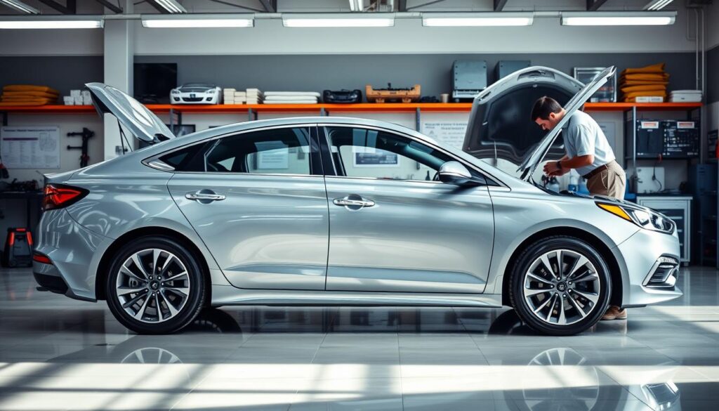 A detailed side-view of a 2018 Hyundai Sonata in a clean, well-lit automotive inspection garage, showcasing the car's sleek lines and modern design. The Sonata is parked on a glossy tile floor, with bright overhead lighting casting soft reflections on its polished surface. In the foreground, a mechanic in professional attire examines the vehicle, looking closely at the engine bay, while tools and inspection equipment are arranged neatly nearby. In the middle ground, an open hood reveals the engine details, emphasizing the car's specifications. The background features shelves with automotive parts and charts, contributing to a professional atmosphere. The scene captures a serious yet approachable mood, perfect for illustrating the importance of vehicle inspection before purchase. A detailed side-view of a 2018 Hyundai Sonata in a clean, well-lit automotive inspection garage, showcasing the car's sleek lines and modern design. The Sonata is parked on a glossy tile floor, with bright overhead lighting casting soft reflections on its polished surface. In the foreground, a mechanic in professional attire examines the vehicle, looking closely at the engine bay, while tools and inspection equipment are arranged neatly nearby. In the middle ground, an open hood reveals the engine details, emphasizing the car's specifications. The background features shelves with automotive parts and charts, contributing to a professional atmosphere. The scene captures a serious yet approachable mood, perfect for illustrating the importance of vehicle inspection before purchase.