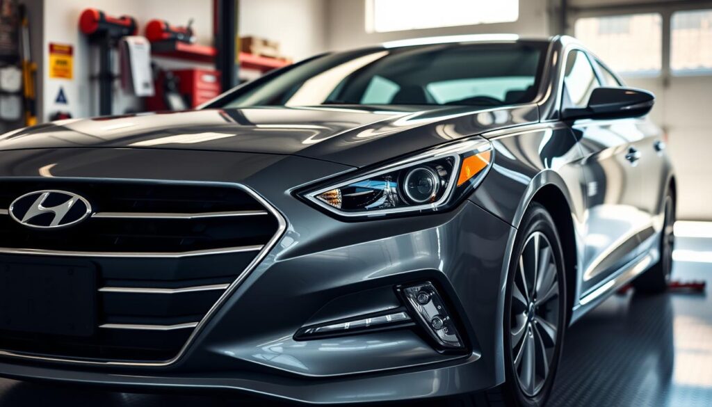 A detailed view of a 2017 Hyundai Sonata in a well-lit garage setting, showcasing its sleek lines and modern design. In the foreground, the car is polished and gleaming, emphasizing its reliability and elegance. The middle ground includes tools and maintenance equipment neatly arranged, symbolizing the importance of regular upkeep. In the background, a service manual is partially visible, reflecting the mood of thorough care and attention to detail. Soft, natural light filters through the garage windows, casting gentle shadows that create an inviting atmosphere. The perspective is slightly angled to highlight the car's front profile, drawing attention to its distinctive grille and headlights, conveying a sense of trust and dependability. A detailed view of a 2017 Hyundai Sonata in a well-lit garage setting, showcasing its sleek lines and modern design. In the foreground, the car is polished and gleaming, emphasizing its reliability and elegance. The middle ground includes tools and maintenance equipment neatly arranged, symbolizing the importance of regular upkeep. In the background, a service manual is partially visible, reflecting the mood of thorough care and attention to detail. Soft, natural light filters through the garage windows, casting gentle shadows that create an inviting atmosphere. The perspective is slightly angled to highlight the car's front profile, drawing attention to its distinctive grille and headlights, conveying a sense of trust and dependability.