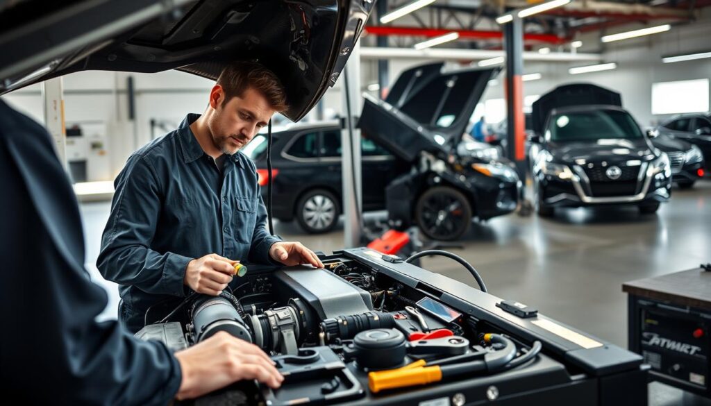 A detailed view of a Nissan Patrol undergoing routine maintenance in a modern workshop. In the foreground, a skilled mechanic, dressed in professional work attire, is inspecting the engine with a focused expression, holding a flashlight to illuminate the components. In the middle ground, various maintenance tools are neatly organized on a workbench alongside the Nissan Patrol, showcasing its robust features and sleek design under bright, natural lighting. In the background, more vehicles are in the process of servicing, with high-quality equipment and diagnostic screens visible, creating a busy yet orderly atmosphere that emphasizes the importance of regular maintenance for optimal performance. The overall mood is professional and technical, capturing the essence of automotive care. A detailed view of a Nissan Patrol undergoing routine maintenance in a modern workshop. In the foreground, a skilled mechanic, dressed in professional work attire, is inspecting the engine with a focused expression, holding a flashlight to illuminate the components. In the middle ground, various maintenance tools are neatly organized on a workbench alongside the Nissan Patrol, showcasing its robust features and sleek design under bright, natural lighting. In the background, more vehicles are in the process of servicing, with high-quality equipment and diagnostic screens visible, creating a busy yet orderly atmosphere that emphasizes the importance of regular maintenance for optimal performance. The overall mood is professional and technical, capturing the essence of automotive care.
