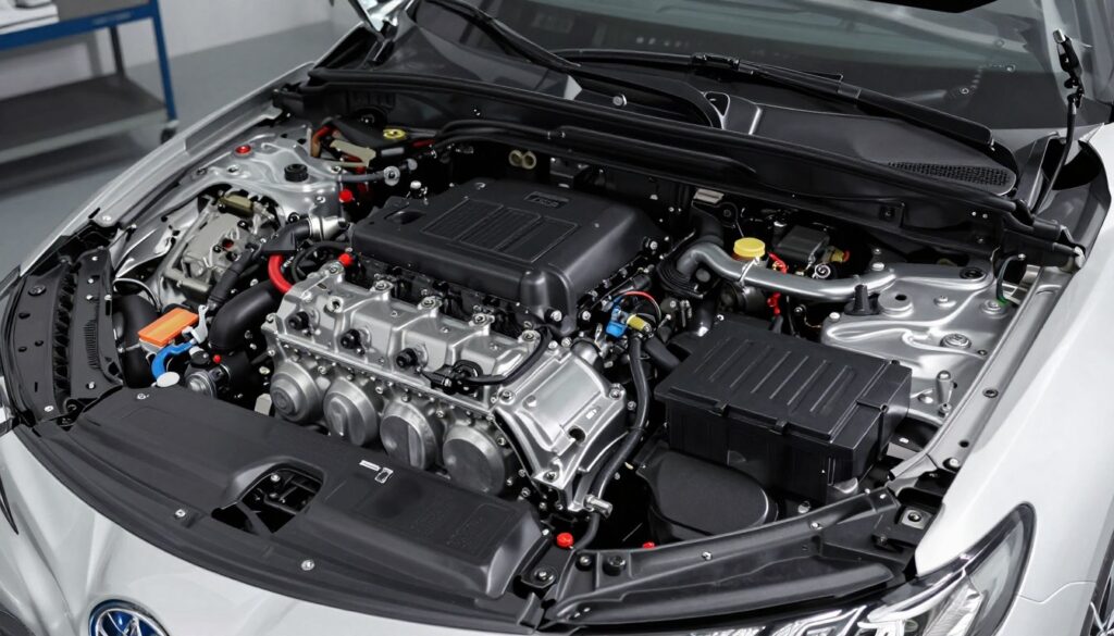 A detailed view of a Toyota Camry hybrid engine, showcasing its innovative design and hybrid technology. In the foreground, focus on the engine block with its shiny metallic components and intricate electrical systems, highlighting the hybrid battery pack integrated seamlessly. In the middle ground, display the engine bay of the Camry, with essential parts like the coolant system and electric motor components visible, emphasizing their connectivity. The background should feature a clean workshop environment with soft, diffused lighting to enhance the technical aspects of the engine while creating an atmosphere of professionalism and precision. Use a slightly top-down angle to provide a comprehensive view of the engine, inviting the viewer to appreciate the advanced engineering of the Camry hybrid. A detailed view of a Toyota Camry hybrid engine, showcasing its innovative design and hybrid technology. In the foreground, focus on the engine block with its shiny metallic components and intricate electrical systems, highlighting the hybrid battery pack integrated seamlessly. In the middle ground, display the engine bay of the Camry, with essential parts like the coolant system and electric motor components visible, emphasizing their connectivity. The background should feature a clean workshop environment with soft, diffused lighting to enhance the technical aspects of the engine while creating an atmosphere of professionalism and precision. Use a slightly top-down angle to provide a comprehensive view of the engine, inviting the viewer to appreciate the advanced engineering of the Camry hybrid.