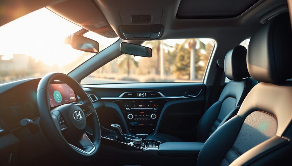 A detailed view of the interior of a 2018 Hyundai Sonata, showcasing the modern cockpit and entertainment features. The foreground highlights the stylish dashboard with a futuristic touchscreen interface, ambient lighting, and comfortable seating in sleek black leather. The middle ground captures the control panel with neatly arranged buttons, climate control systems, and a spacious center console. In the background, soft natural light filters through the windows, creating a warm and inviting atmosphere. The scene is framed from a slight angle to emphasize depth, using a soft-focus lens for a refined aesthetic. The overall mood conveys sophistication and technological advancement, suitable for illustrating a section on interior design and entertainment technologies in modern automobiles. A detailed view of the interior of a 2018 Hyundai Sonata, showcasing the modern cockpit and entertainment features. The foreground highlights the stylish dashboard with a futuristic touchscreen interface, ambient lighting, and comfortable seating in sleek black leather. The middle ground captures the control panel with neatly arranged buttons, climate control systems, and a spacious center console. In the background, soft natural light filters through the windows, creating a warm and inviting atmosphere. The scene is framed from a slight angle to emphasize depth, using a soft-focus lens for a refined aesthetic. The overall mood conveys sophistication and technological advancement, suitable for illustrating a section on interior design and entertainment technologies in modern automobiles.
