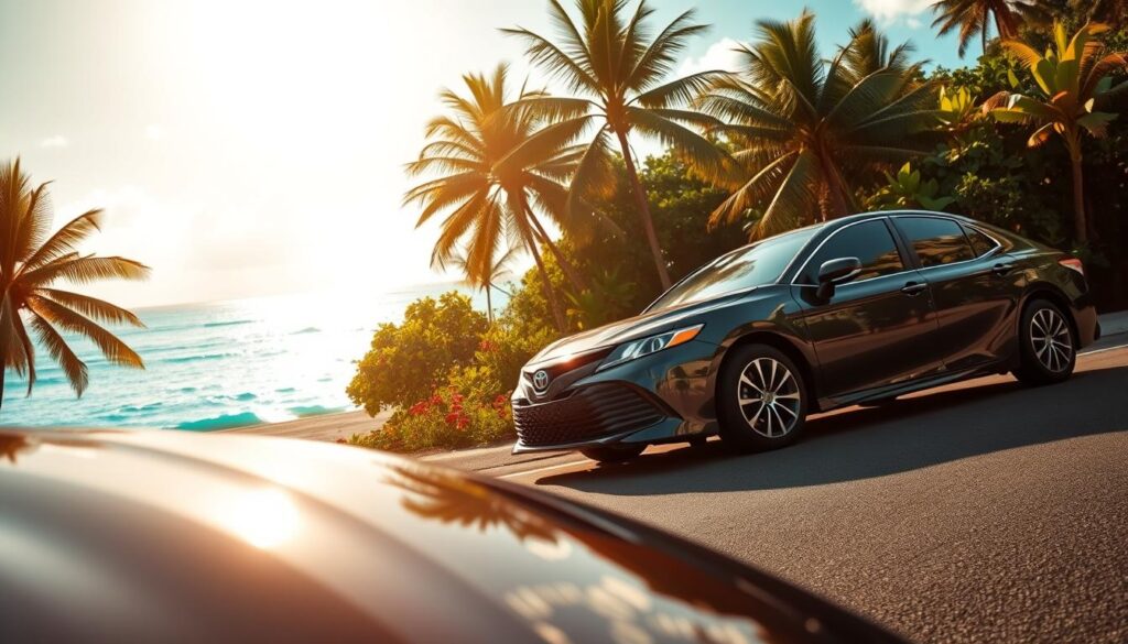 A dynamic scene showcasing a Toyota Camry parked on a coastal road in the Comoros Islands. In the foreground, the sleek lines of the Camry are visible, reflecting the sun's warm, golden light. The middle ground features lush, tropical vegetation typical of the islands, including palm trees and vibrant flowers. In the background, crystal-clear turquoise waters gently lap against a sandy beach under a bright, cloudless sky. The atmosphere is tranquil yet vibrant, suggesting an ideal environment for fuel efficiency tests. The camera angle is slightly low, emphasizing the vehicle against the stunning natural backdrop. The overall mood is serene, highlighting the connection between the car’s performance and the surrounding beauty of the Comoros. A dynamic scene showcasing a Toyota Camry parked on a coastal road in the Comoros Islands. In the foreground, the sleek lines of the Camry are visible, reflecting the sun's warm, golden light. The middle ground features lush, tropical vegetation typical of the islands, including palm trees and vibrant flowers. In the background, crystal-clear turquoise waters gently lap against a sandy beach under a bright, cloudless sky. The atmosphere is tranquil yet vibrant, suggesting an ideal environment for fuel efficiency tests. The camera angle is slightly low, emphasizing the vehicle against the stunning natural backdrop. The overall mood is serene, highlighting the connection between the car’s performance and the surrounding beauty of the Comoros.
