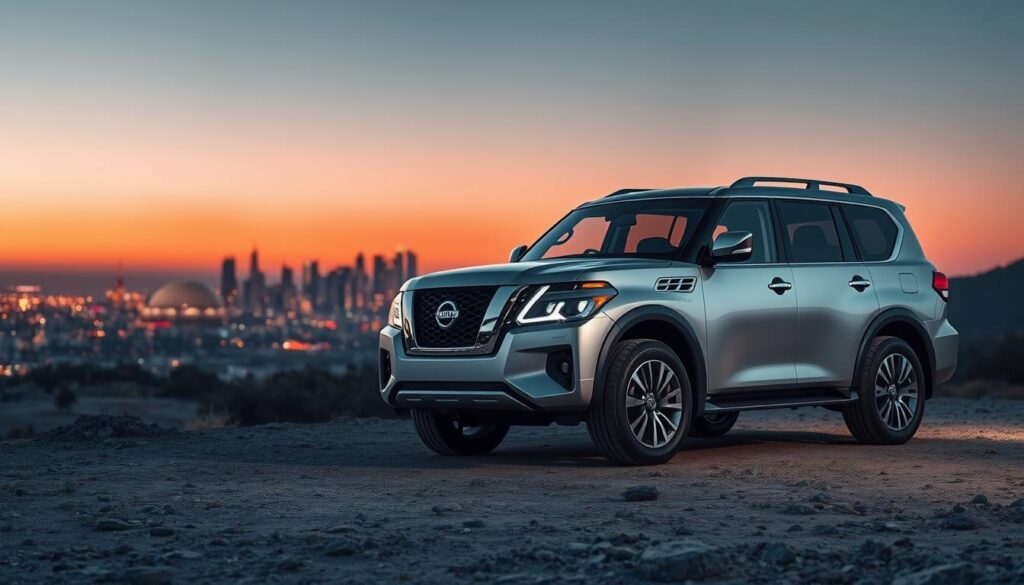 A futuristic outdoor scene featuring the 2025 Nissan Patrol, showcasing its advanced safety technologies and 360-degree surround-view cameras. In the foreground, the sleek SUV stands on a rugged terrain, highlighting its robust design. The cameras are subtly integrated into the vehicle's exterior, emphasizing innovation. In the middle ground, a dynamic cityscape reflects the vehicle's adaptability for both urban and off-road environments. Soft, ambient lighting enhances the vehicle's polished surfaces, while a twilight sky casts a warm glow. The atmosphere is professional and focused, depicting the SUV as a symbol of modern safety and security. The shot is taken from a low angle to accentuate the Patrol's stature, inviting the viewer to appreciate its cutting-edge features. A futuristic outdoor scene featuring the 2025 Nissan Patrol, showcasing its advanced safety technologies and 360-degree surround-view cameras. In the foreground, the sleek SUV stands on a rugged terrain, highlighting its robust design. The cameras are subtly integrated into the vehicle's exterior, emphasizing innovation. In the middle ground, a dynamic cityscape reflects the vehicle's adaptability for both urban and off-road environments. Soft, ambient lighting enhances the vehicle's polished surfaces, while a twilight sky casts a warm glow. The atmosphere is professional and focused, depicting the SUV as a symbol of modern safety and security. The shot is taken from a low angle to accentuate the Patrol's stature, inviting the viewer to appreciate its cutting-edge features.