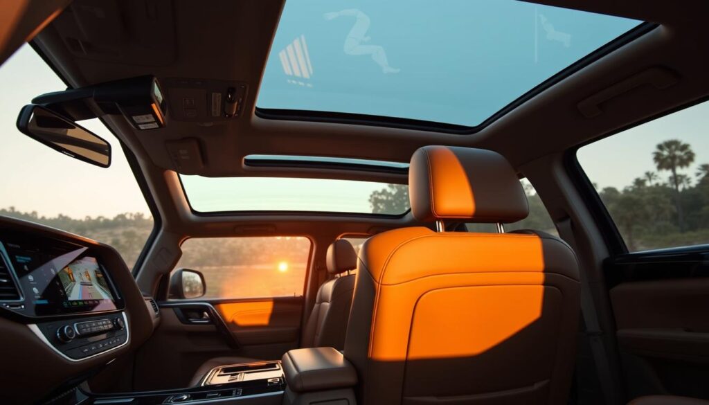 A luxurious and spacious interior of a Nissan Patrol, showcasing its modern design and advanced entertainment technologies. In the foreground, a sleek dashboard with a large infotainment screen displaying navigation features. The middle section reveals plush leather seats with premium stitching and panoramic sunroof, flooding the cabin with natural light. In the background, the ambience is enhanced with soft LED lighting and stylish materials giving a sense of elegance. Capture the scene from a slightly elevated angle to emphasize the layout and spaciousness. The mood is sophisticated and inviting, highlighting the vehicle's comfort and high-tech offerings, perfect for an adventurous yet relaxed driving experience. A luxurious and spacious interior of a Nissan Patrol, showcasing its modern design and advanced entertainment technologies. In the foreground, a sleek dashboard with a large infotainment screen displaying navigation features. The middle section reveals plush leather seats with premium stitching and panoramic sunroof, flooding the cabin with natural light. In the background, the ambience is enhanced with soft LED lighting and stylish materials giving a sense of elegance. Capture the scene from a slightly elevated angle to emphasize the layout and spaciousness. The mood is sophisticated and inviting, highlighting the vehicle's comfort and high-tech offerings, perfect for an adventurous yet relaxed driving experience.