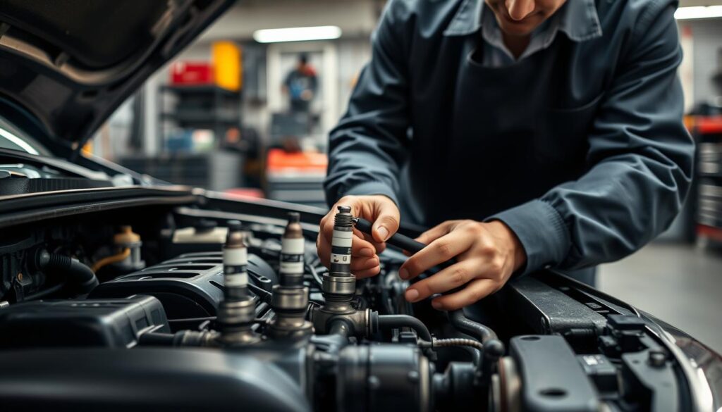 A mechanic in a professional business outfit carefully examines spark plugs on a Toyota Camry 2006. The foreground features a close-up of the engine bay, with the spark plugs prominently displayed, showcasing their condition. The middle ground includes the mechanic's hands holding tools, highlighting the process of inspection. The background shows a well-lit garage environment, equipped with various automotive tools and equipment, dimly lit but focused to emphasize the subject. The scene captures a sense of diligence and professionalism, with warm lighting that creates an inviting yet serious atmosphere, hinting at the importance of proper engine maintenance for fuel efficiency. The angle is slightly above, providing a comprehensive view of the mechanic's task. A mechanic in a professional business outfit carefully examines spark plugs on a Toyota Camry 2006. The foreground features a close-up of the engine bay, with the spark plugs prominently displayed, showcasing their condition. The middle ground includes the mechanic's hands holding tools, highlighting the process of inspection. The background shows a well-lit garage environment, equipped with various automotive tools and equipment, dimly lit but focused to emphasize the subject. The scene captures a sense of diligence and professionalism, with warm lighting that creates an inviting yet serious atmosphere, hinting at the importance of proper engine maintenance for fuel efficiency. The angle is slightly above, providing a comprehensive view of the mechanic's task.