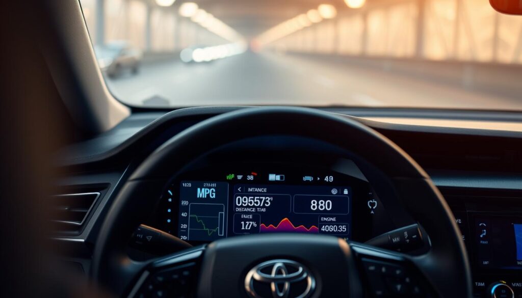 A modern dashboard view of a Toyota Camry displaying a digital interface for monitoring fuel consumption and vehicle performance. In the foreground, the high-resolution screen exhibits colorful graphs and metrics showcasing MPG, distance traveled, and engine efficiency. The middle ground features a sleek steering wheel with touch controls, while the background reveals a slightly blurred interior of the car, emphasizing a sophisticated and high-tech ambiance. Soft ambient lighting casts a warm glow, adding to the serene and professional atmosphere. The perspective is from the driver's seat, capturing the immersive experience of monitoring vehicle performance through innovative information screens, creating a sense of engagement and sophistication in automotive technology. A modern dashboard view of a Toyota Camry displaying a digital interface for monitoring fuel consumption and vehicle performance. In the foreground, the high-resolution screen exhibits colorful graphs and metrics showcasing MPG, distance traveled, and engine efficiency. The middle ground features a sleek steering wheel with touch controls, while the background reveals a slightly blurred interior of the car, emphasizing a sophisticated and high-tech ambiance. Soft ambient lighting casts a warm glow, adding to the serene and professional atmosphere. The perspective is from the driver's seat, capturing the immersive experience of monitoring vehicle performance through innovative information screens, creating a sense of engagement and sophistication in automotive technology.