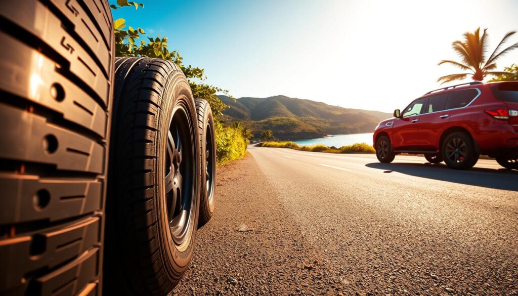 A panoramic view of high-performance tires on a beautiful paved road in the Comoros, featuring lush green vegetation on either side. In the foreground, focus on a set of premium tires, showcasing their treads and design, glistening slightly under the bright midday sun. The middle ground captures a sleek, sporty Nissan Patrol Nismo in vibrant red, parked alongside the road, with its powerful stance emphasized by a low-angle view. The background displays an enticing glimpse of Comoros’ hilly terrain and tropical coastline, bathed in warm golden light. The image conveys a sense of adventure and performance, with a clear blue sky enhancing the vibrant scene, inviting viewers to consider the perfect tires for such stunning roadways. A panoramic view of high-performance tires on a beautiful paved road in the Comoros, featuring lush green vegetation on either side. In the foreground, focus on a set of premium tires, showcasing their treads and design, glistening slightly under the bright midday sun. The middle ground captures a sleek, sporty Nissan Patrol Nismo in vibrant red, parked alongside the road, with its powerful stance emphasized by a low-angle view. The background displays an enticing glimpse of Comoros’ hilly terrain and tropical coastline, bathed in warm golden light. The image conveys a sense of adventure and performance, with a clear blue sky enhancing the vibrant scene, inviting viewers to consider the perfect tires for such stunning roadways.