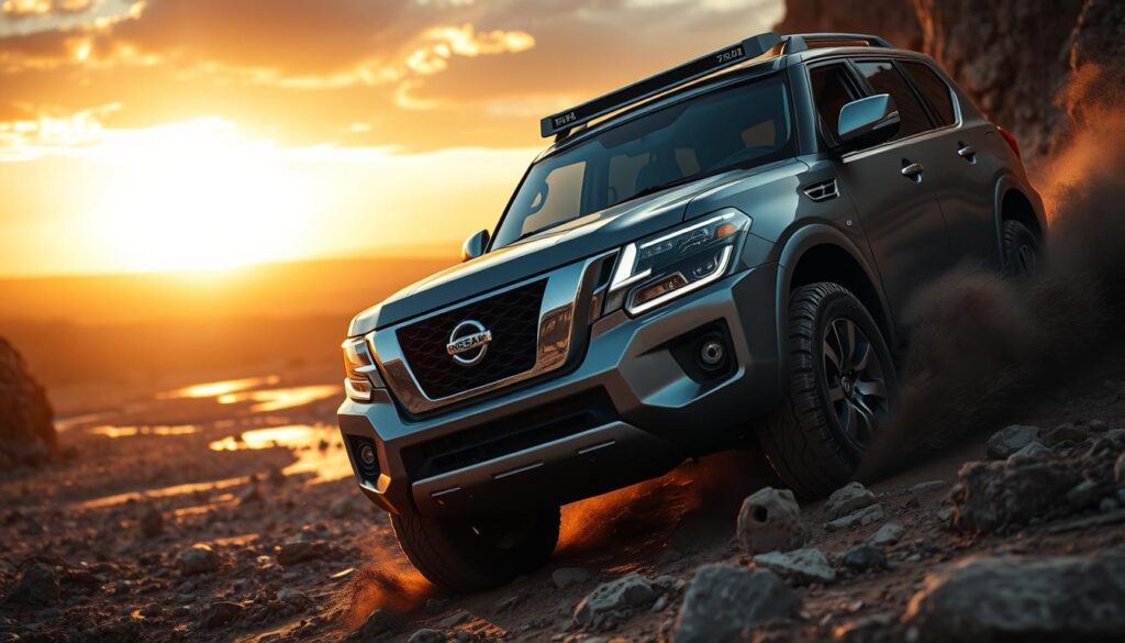 A powerful Nissan Patrol 2024 showcased in a rugged off-road setting, tearing through a rocky terrain. In the foreground, the vehicle is captured with a low-angle shot highlighting its bold front grille and muscular build. The mid-ground features an array of diverse landscapes – sharp cliffs, deep mud puddles, and scattered boulders, illustrating its off-roading capabilities. The background showcases a dramatic sunset that casts warm golden hues across the horizon, enhancing the adventurous mood. The lighting emphasizes the vehicle's metallic finish, showcasing the intricate details of its design. The atmosphere is one of excitement and adventure, evoking the thrill of off-road driving with a focus on the Nissan Patrol's advanced four-wheel drive systems. A powerful Nissan Patrol 2024 showcased in a rugged off-road setting, tearing through a rocky terrain. In the foreground, the vehicle is captured with a low-angle shot highlighting its bold front grille and muscular build. The mid-ground features an array of diverse landscapes – sharp cliffs, deep mud puddles, and scattered boulders, illustrating its off-roading capabilities. The background showcases a dramatic sunset that casts warm golden hues across the horizon, enhancing the adventurous mood. The lighting emphasizes the vehicle's metallic finish, showcasing the intricate details of its design. The atmosphere is one of excitement and adventure, evoking the thrill of off-road driving with a focus on the Nissan Patrol's advanced four-wheel drive systems.