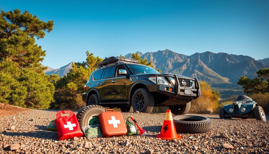 A rugged off-road landscape featuring a Nissan Patrol prominently parked on a gravel path, surrounded by dense, lush greenery and rocky terrain. In the foreground, include essential emergency gear such as first aid kits, a spare tire, and road flares strategically arranged near the vehicle. The middle ground shows the Nissan Patrol with its doors slightly open, suggesting readiness for adventure. In the background, a dramatic mountain range looms under a clear blue sky, with soft sunlight filtering through the trees, creating a warm and inviting atmosphere. The scene exudes a sense of safety and preparation for wilderness exploration, emphasizing the importance of safety tips for off-road enthusiasts. Capture this image from a slightly elevated angle to enhance the sense of adventure and readiness.