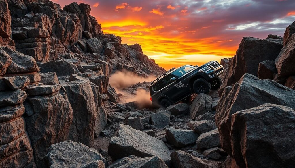 A rugged, rocky terrain with sharp cliffs and boulders dominating the foreground, showcasing intricate textures and shadows from the setting sun. In the midground, a Nissan Patrol navigates through the challenging landscape, its robust design highlighting its suitability for off-road adventures. The vehicle kicks up dust as it tackles a steep incline, emphasizing its power and agility. The background features a dramatic sky painted with warm hues of orange and purple, creating a vibrant contrast against the craggy rocks. The atmosphere is intense and adventurous, evoking a sense of exploration and challenge in this harsh yet beautiful environment. The scene conveys the thrill of off-roading in a natural setting, with no people or text present.