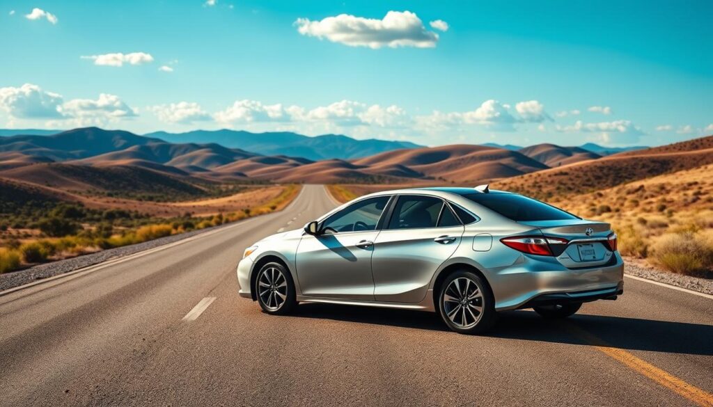 A scenic view of a long road trip landscape, featuring a sleek, modern 2016 Toyota Camry parked on a deserted highway. In the foreground, the car gleams under the bright sunlight, its polished surface reflecting the vibrant colors of the surroundings. The middle ground displays rolling hills and lush greenery flanking the road, emphasizing the journey ahead. In the background, a vast blue sky stretches out, dotted with fluffy clouds. The lighting is warm and inviting, capturing the essence of a perfect day for a road trip. Capture the mood of adventure and freedom, inviting viewers to imagine embarking on their own long journeys. The composition should be well-balanced, emphasizing both the car and the expansive landscape without any text or distractions. A scenic view of a long road trip landscape, featuring a sleek, modern 2016 Toyota Camry parked on a deserted highway. In the foreground, the car gleams under the bright sunlight, its polished surface reflecting the vibrant colors of the surroundings. The middle ground displays rolling hills and lush greenery flanking the road, emphasizing the journey ahead. In the background, a vast blue sky stretches out, dotted with fluffy clouds. The lighting is warm and inviting, capturing the essence of a perfect day for a road trip. Capture the mood of adventure and freedom, inviting viewers to imagine embarking on their own long journeys. The composition should be well-balanced, emphasizing both the car and the expansive landscape without any text or distractions.