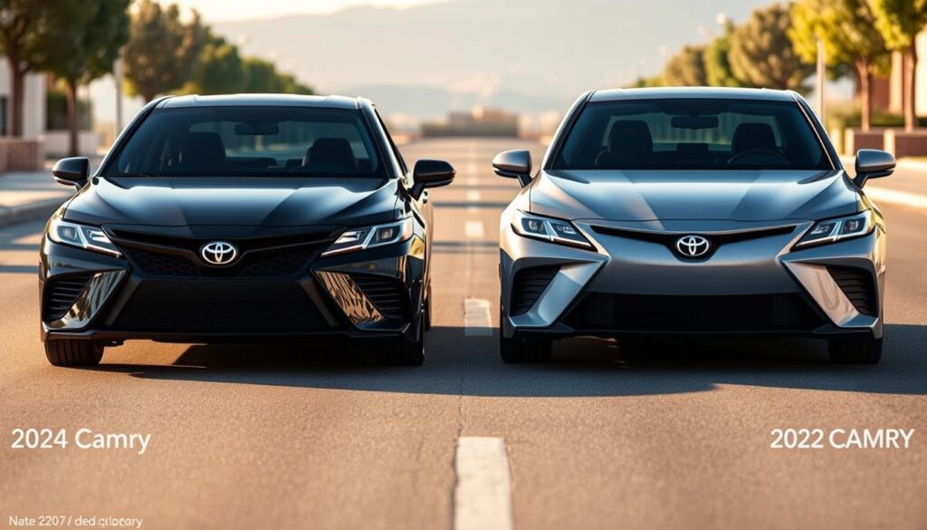 A side-by-side comparison of the 2023 and 2024 Toyota Camry models showcasing their exterior designs. The foreground features the sleek, modern design of the 2024 Camry, highlighting its sharper lines, aggressive front grille, and LED headlights. In the middle, the 2023 Camry sits with its more rounded profile and traditional headlights. Both vehicles are positioned on a well-lit street, capturing their dimensions and proportions. The background includes a softly blurred urban landscape, indicating a contemporary setting. Soft, natural lighting enhances the curves and contours of each model, evoking a sophisticated and dynamic atmosphere. The angle is slightly elevated, offering a comprehensive view of both designs for clear comparison without any text or distractions. A side-by-side comparison of the 2023 and 2024 Toyota Camry models showcasing their exterior designs. The foreground features the sleek, modern design of the 2024 Camry, highlighting its sharper lines, aggressive front grille, and LED headlights. In the middle, the 2023 Camry sits with its more rounded profile and traditional headlights. Both vehicles are positioned on a well-lit street, capturing their dimensions and proportions. The background includes a softly blurred urban landscape, indicating a contemporary setting. Soft, natural lighting enhances the curves and contours of each model, evoking a sophisticated and dynamic atmosphere. The angle is slightly elevated, offering a comprehensive view of both designs for clear comparison without any text or distractions.