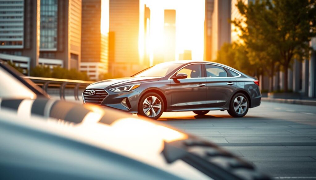 A sleek 2020 Hyundai Sonata parked in a well-lit urban environment, showcasing its elegant design and advanced safety features. The foreground features the Sonata's front profile, highlighting its sharp headlights and aerodynamic curves, with reflections in the polished surface. In the middle, emphasize the side view of the car, capturing the dynamic lines and sleek silhouette against a backdrop of a modern city skyline during golden hour, casting warm, soft lighting across the scene. The background includes blurred urban elements like tall buildings and trees, creating depth. The mood conveys sophistication and safety, ideal for showcasing the car's safety technology and innovations without any distractions or text overlays. A sleek 2020 Hyundai Sonata parked in a well-lit urban environment, showcasing its elegant design and advanced safety features. The foreground features the Sonata's front profile, highlighting its sharp headlights and aerodynamic curves, with reflections in the polished surface. In the middle, emphasize the side view of the car, capturing the dynamic lines and sleek silhouette against a backdrop of a modern city skyline during golden hour, casting warm, soft lighting across the scene. The background includes blurred urban elements like tall buildings and trees, creating depth. The mood conveys sophistication and safety, ideal for showcasing the car's safety technology and innovations without any distractions or text overlays.