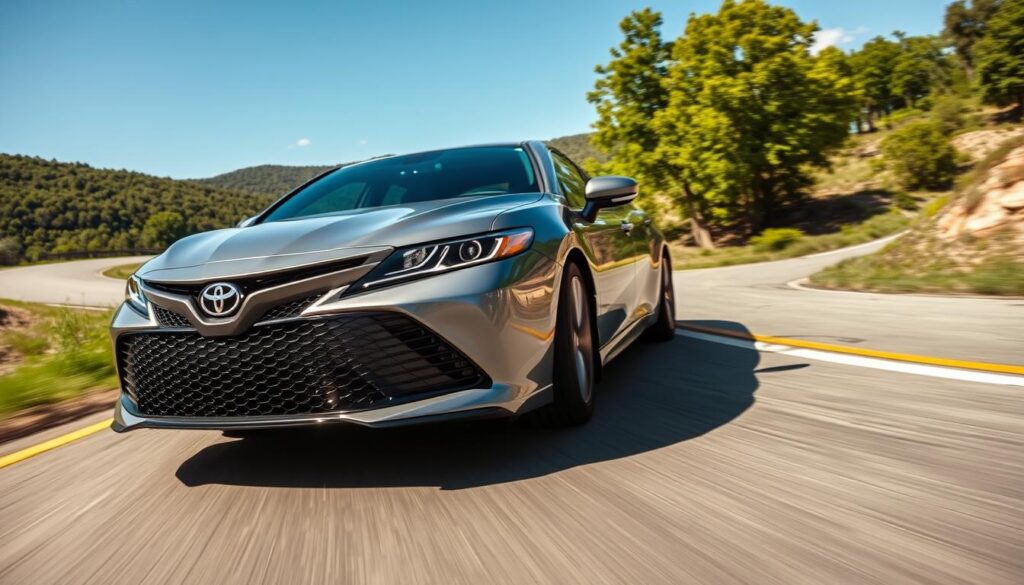 A sleek 2024 Toyota Camry in motion, showcasing its dynamic performance on a smooth, winding road. The car should be captured from a low-angle perspective, emphasizing its aerodynamic design and powerful stance. In the foreground, the sporty front grille and sharp headlights of the Camry are vividly detailed. The middle ground features the car accelerating, its tires gripping the asphalt, with a slight motion blur to convey speed. In the background, a picturesque landscape with lush greenery and blue skies enhances the sense of freedom and performance. The lighting should be bright and inviting, simulating a sunny day, highlighting the car's metallic finish. The mood is energetic and exhilarating, focusing on the mechanical performance and power of the vehicle. A sleek 2024 Toyota Camry in motion, showcasing its dynamic performance on a smooth, winding road. The car should be captured from a low-angle perspective, emphasizing its aerodynamic design and powerful stance. In the foreground, the sporty front grille and sharp headlights of the Camry are vividly detailed. The middle ground features the car accelerating, its tires gripping the asphalt, with a slight motion blur to convey speed. In the background, a picturesque landscape with lush greenery and blue skies enhances the sense of freedom and performance. The lighting should be bright and inviting, simulating a sunny day, highlighting the car's metallic finish. The mood is energetic and exhilarating, focusing on the mechanical performance and power of the vehicle.