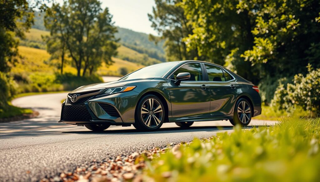 A sleek and modern 2025 Toyota Camry parked elegantly on a winding road surrounded by lush greenery. In the foreground, the car's polished exterior reflects the sunlight, highlighting its aerodynamic design and stylish lines. The wheels showcase intricate alloy rims, hinting at both performance and comfort. In the middle ground, a soft blurring effect emphasizes the Camry while a backdrop of rolling hills and trees creates a serene atmosphere. The angle is low and dynamic, capturing the car's aggressive stance. The lighting is warm and inviting, suggesting a sunny day ideal for driving. The scene evokes a sense of luxury and innovation, perfectly representing the advanced driving experience and comfort features of the 2025 Camry compared to previous generations. A sleek and modern 2025 Toyota Camry parked elegantly on a winding road surrounded by lush greenery. In the foreground, the car's polished exterior reflects the sunlight, highlighting its aerodynamic design and stylish lines. The wheels showcase intricate alloy rims, hinting at both performance and comfort. In the middle ground, a soft blurring effect emphasizes the Camry while a backdrop of rolling hills and trees creates a serene atmosphere. The angle is low and dynamic, capturing the car's aggressive stance. The lighting is warm and inviting, suggesting a sunny day ideal for driving. The scene evokes a sense of luxury and innovation, perfectly representing the advanced driving experience and comfort features of the 2025 Camry compared to previous generations.