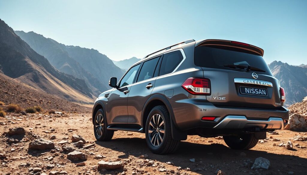 A sleek and modern Nissan Patrol Y62 in a dynamic, action-packed environment, showcasing its robust design and advanced features. In the foreground, the vehicle stands prominently on rugged terrain, highlighting its strong stance and bold lines, reflecting off-road capabilities. The middle ground features a picturesque, mountainous landscape with a clear blue sky, enabling the car to blend into adventurous settings. Add subtle sunlight streaming from the left, creating dramatic shadows that enhance the vehicle's contours. The camera angle is slightly low, emphasizing the Patrol's commanding presence. The mood is adventurous and energetic, inviting viewers to imagine journeys through challenging terrains without distractions such as text or logos in the scene. A sleek and modern Nissan Patrol Y62 in a dynamic, action-packed environment, showcasing its robust design and advanced features. In the foreground, the vehicle stands prominently on rugged terrain, highlighting its strong stance and bold lines, reflecting off-road capabilities. The middle ground features a picturesque, mountainous landscape with a clear blue sky, enabling the car to blend into adventurous settings. Add subtle sunlight streaming from the left, creating dramatic shadows that enhance the vehicle's contours. The camera angle is slightly low, emphasizing the Patrol's commanding presence. The mood is adventurous and energetic, inviting viewers to imagine journeys through challenging terrains without distractions such as text or logos in the scene.