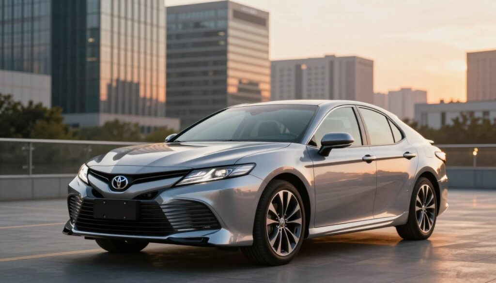 A sleek, futuristic 2025 Toyota Camry parked in a modern urban environment, showcasing its aerodynamic design and polished metallic finish. Position the car prominently in the foreground, angled slightly to highlight its stylish front grille and elegant curves. In the middle ground, a softly blurred cityscape with tall, contemporary buildings glows under a warm sunset, casting long shadows and creating an inviting atmosphere. Subtle reflections of the landscape can be seen on the car's surface, enhancing its allure. Use soft, natural lighting to emphasize the vehicle's features, capturing its essence as a modern, reliable car. The overall mood should feel inspiring and professional, inviting admiration for the vehicle's design and its potential longevity. A sleek, futuristic 2025 Toyota Camry parked in a modern urban environment, showcasing its aerodynamic design and polished metallic finish. Position the car prominently in the foreground, angled slightly to highlight its stylish front grille and elegant curves. In the middle ground, a softly blurred cityscape with tall, contemporary buildings glows under a warm sunset, casting long shadows and creating an inviting atmosphere. Subtle reflections of the landscape can be seen on the car's surface, enhancing its allure. Use soft, natural lighting to emphasize the vehicle's features, capturing its essence as a modern, reliable car. The overall mood should feel inspiring and professional, inviting admiration for the vehicle's design and its potential longevity.
