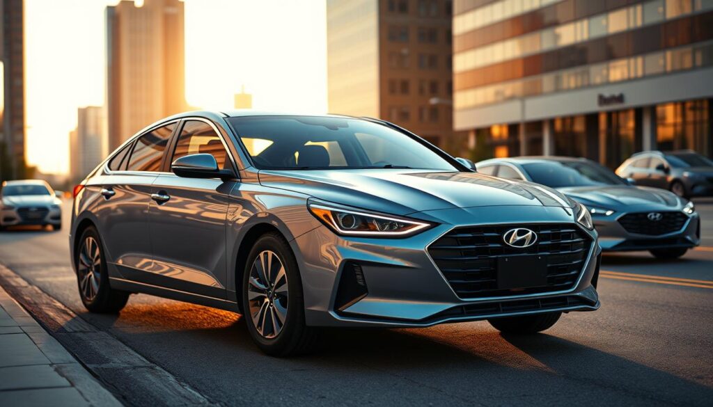 A sleek, modern 2020 Hyundai Sonata parked elegantly in a well-lit urban environment, showcasing its stylish design and features. In the foreground, the car's shiny body reflects the ambient light, emphasizing its curves and contours. The middle ground includes a road with faint outlines of competing cars from rival brands, subtly hinting at a comparison without detailing them. The background consists of a cityscape during the golden hour, with soft sunlight casting warm tones, creating a professional and inviting atmosphere. The image focuses on the Sonata's robust front grille, sleek headlights, and smooth lines, conveying a sense of sophistication and innovation, ideal for highlighting the vehicle’s advantages in a competitive market. A sleek, modern 2020 Hyundai Sonata parked elegantly in a well-lit urban environment, showcasing its stylish design and features. In the foreground, the car's shiny body reflects the ambient light, emphasizing its curves and contours. The middle ground includes a road with faint outlines of competing cars from rival brands, subtly hinting at a comparison without detailing them. The background consists of a cityscape during the golden hour, with soft sunlight casting warm tones, creating a professional and inviting atmosphere. The image focuses on the Sonata's robust front grille, sleek headlights, and smooth lines, conveying a sense of sophistication and innovation, ideal for highlighting the vehicle’s advantages in a competitive market.