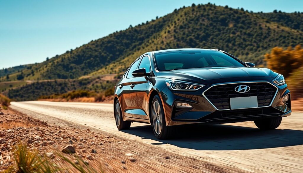 A sleek, modern Hyundai Sonata 2023 driving confidently on a mixed terrain road, showcasing its stability and performance. The foreground features the car in sharp focus, emphasizing its elegant lines and shiny chrome details. In the middle ground, the road transitions from a rugged, earthy surface to a smoother paved section, illustrating the car's ability to handle both on-road and off-road conditions. The background includes a scenic landscape with green hills and a clear blue sky, creating an inviting atmosphere. The lighting is bright and natural, suggesting a sunny day, with soft shadows adding depth. Capture the essence of a smooth driving experience, emphasizing the Sonata's robust and reliable character. No text or logos should be present in the image. A sleek, modern Hyundai Sonata 2023 driving confidently on a mixed terrain road, showcasing its stability and performance. The foreground features the car in sharp focus, emphasizing its elegant lines and shiny chrome details. In the middle ground, the road transitions from a rugged, earthy surface to a smoother paved section, illustrating the car's ability to handle both on-road and off-road conditions. The background includes a scenic landscape with green hills and a clear blue sky, creating an inviting atmosphere. The lighting is bright and natural, suggesting a sunny day, with soft shadows adding depth. Capture the essence of a smooth driving experience, emphasizing the Sonata's robust and reliable character. No text or logos should be present in the image.