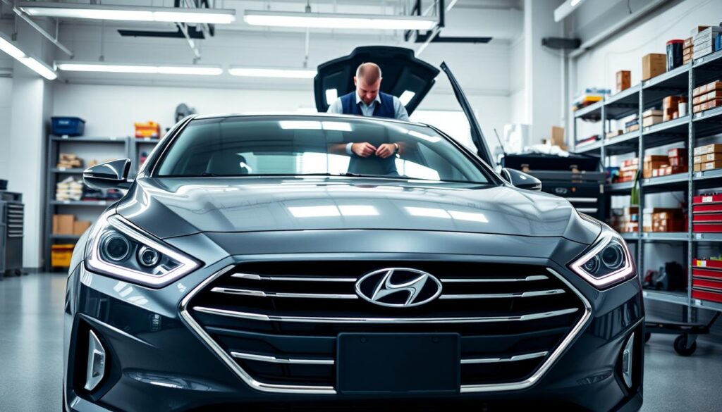 A sleek, modern Hyundai Sonata parked in a well-lit, tidy garage, showcasing its elegant design and streamlined features. The foreground highlights the car's front view, emphasizing its striking headlights and a polished chrome grille. In the middle, a mechanic in professional attire is inspecting the engine hood, symbolizing routine maintenance and care. Tools are neatly arranged on a nearby workbench, and car maintenance manuals are visible, suggesting a focus on preserving the vehicle's performance. The background features shelves stocked with automotive supplies and bright fluorescent lighting that creates a clean, efficient atmosphere. The scene conveys a sense of diligence, responsibility, and the importance of maintenance for optimal vehicle performance. A sleek, modern Hyundai Sonata parked in a well-lit, tidy garage, showcasing its elegant design and streamlined features. The foreground highlights the car's front view, emphasizing its striking headlights and a polished chrome grille. In the middle, a mechanic in professional attire is inspecting the engine hood, symbolizing routine maintenance and care. Tools are neatly arranged on a nearby workbench, and car maintenance manuals are visible, suggesting a focus on preserving the vehicle's performance. The background features shelves stocked with automotive supplies and bright fluorescent lighting that creates a clean, efficient atmosphere. The scene conveys a sense of diligence, responsibility, and the importance of maintenance for optimal vehicle performance.