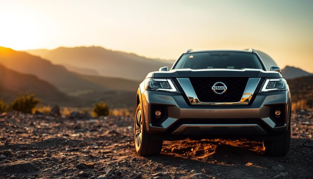 A sleek, modern Nissan Patrol 2024 parked on a rugged outdoor landscape, showcasing its dynamic design and robust stance. The car is positioned in the foreground, angled slightly to highlight its distinctive grille and aggressive headlights. The middle ground features a scenic backdrop of mountains and greenery, with a golden sunset casting warm light that enhances the vehicle's metallic finish. The atmosphere conveys adventure and reliability, emphasizing the SUV's ability to navigate diverse terrains. The image captures the essence of choosing the right vehicle for exploration, with soft focus on the background to keep attention on the Nissan Patrol. The overall mood is inspiring and aspirational, inviting viewers to envision their journey with the vehicle. A sleek, modern Nissan Patrol 2024 parked on a rugged outdoor landscape, showcasing its dynamic design and robust stance. The car is positioned in the foreground, angled slightly to highlight its distinctive grille and aggressive headlights. The middle ground features a scenic backdrop of mountains and greenery, with a golden sunset casting warm light that enhances the vehicle's metallic finish. The atmosphere conveys adventure and reliability, emphasizing the SUV's ability to navigate diverse terrains. The image captures the essence of choosing the right vehicle for exploration, with soft focus on the background to keep attention on the Nissan Patrol. The overall mood is inspiring and aspirational, inviting viewers to envision their journey with the vehicle.