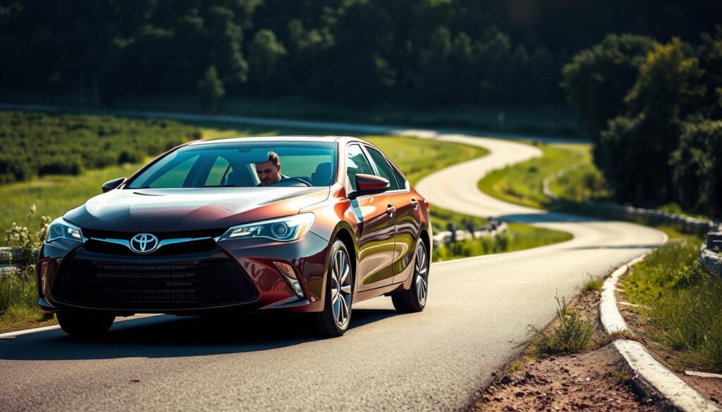 A sleek, modern Toyota Camry, 2015 model, is parked on an open winding road surrounded by a lush green landscape, showcasing its elegant design. In the foreground, a professional test driver, dressed in smart business attire, is closely inspecting the vehicle's interior, focusing on the dashboard and controls, reflecting a serious evaluation. The middle ground features the car's exterior, highlighting its sporty silhouette and distinctive headlights, with the countryside fading into a soft blur behind. The atmosphere is bright and inviting, illuminated by natural sunlight, with a slight flare effect to convey a dynamic driving experience. Capture the scene from a slightly low angle to emphasize the car's stature against the lush background, evoking a sense of exploration and discovery. A sleek, modern Toyota Camry, 2015 model, is parked on an open winding road surrounded by a lush green landscape, showcasing its elegant design. In the foreground, a professional test driver, dressed in smart business attire, is closely inspecting the vehicle's interior, focusing on the dashboard and controls, reflecting a serious evaluation. The middle ground features the car's exterior, highlighting its sporty silhouette and distinctive headlights, with the countryside fading into a soft blur behind. The atmosphere is bright and inviting, illuminated by natural sunlight, with a slight flare effect to convey a dynamic driving experience. Capture the scene from a slightly low angle to emphasize the car's stature against the lush background, evoking a sense of exploration and discovery.