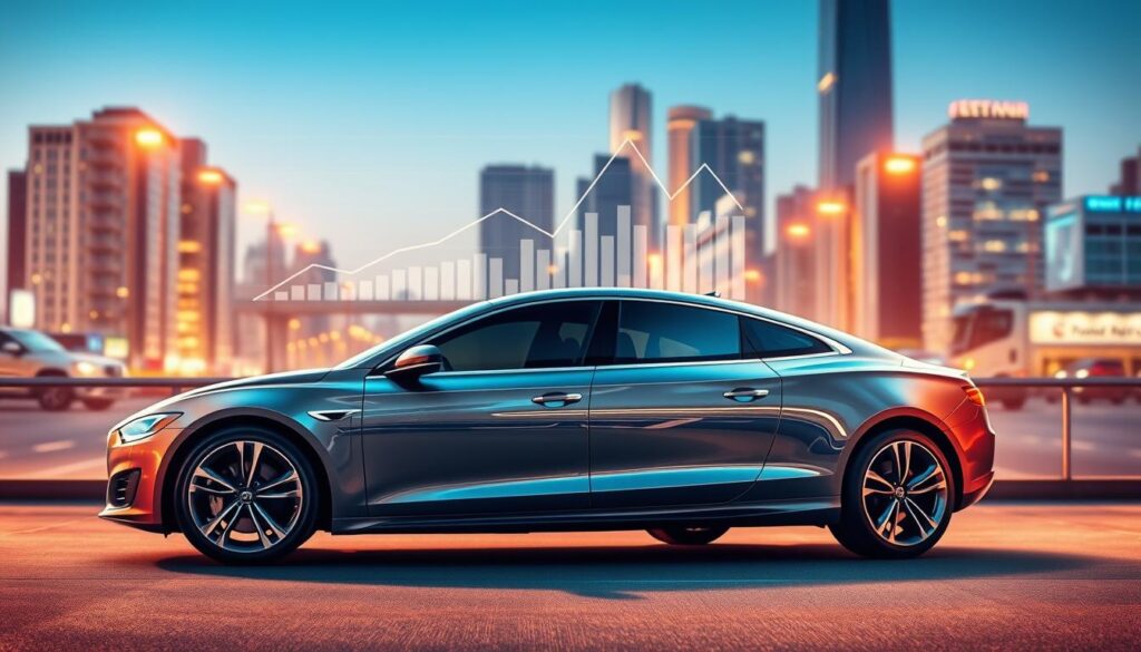 A visually striking image illustrating the concept of "resale value" in the automotive market, focusing on a sleek, modern car prominently displayed in the foreground. The car should be polished and well-lit, showcasing its elegant curves and stylish features. In the middle ground, incorporate a subtle graph or chart depicting depreciation trends, symbolizing financial considerations. The background should feature a bustling cityscape, hinting at the vibrant market and lifestyle associated with car ownership. Use warm, inviting lighting to evoke a sense of optimism and opportunity. The angle should be slightly elevated, providing a clear view of the car and its surroundings, emphasizing its appeal and potential resale value. The overall mood should be professional and informative. A visually striking image illustrating the concept of "resale value" in the automotive market, focusing on a sleek, modern car prominently displayed in the foreground. The car should be polished and well-lit, showcasing its elegant curves and stylish features. In the middle ground, incorporate a subtle graph or chart depicting depreciation trends, symbolizing financial considerations. The background should feature a bustling cityscape, hinting at the vibrant market and lifestyle associated with car ownership. Use warm, inviting lighting to evoke a sense of optimism and opportunity. The angle should be slightly elevated, providing a clear view of the car and its surroundings, emphasizing its appeal and potential resale value. The overall mood should be professional and informative.