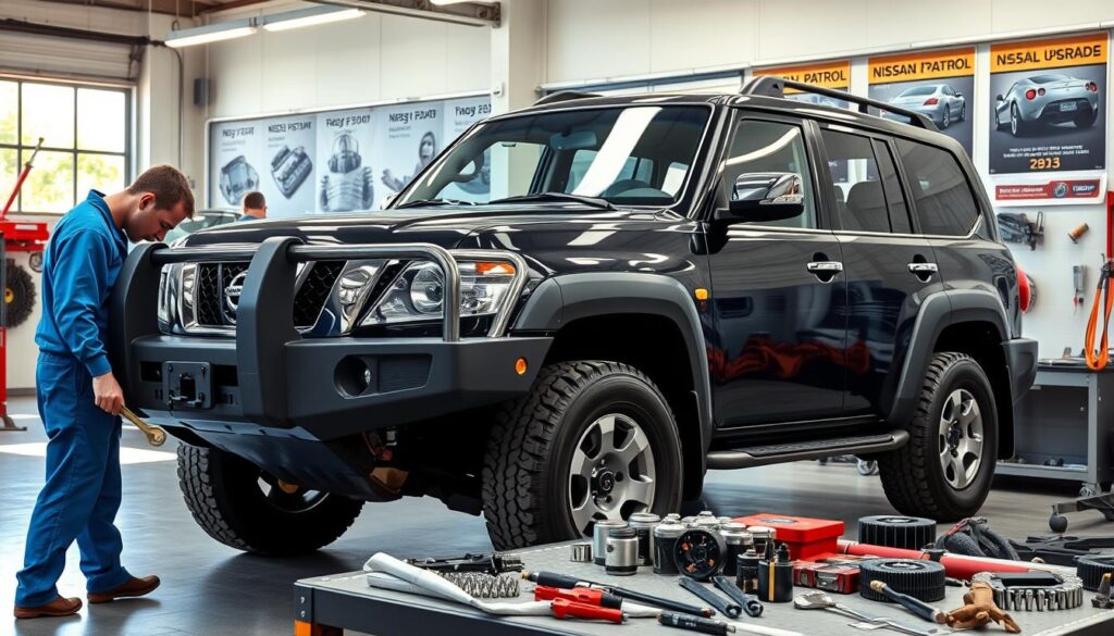 A well-maintained Nissan Patrol SUV parked in a modern workshop, showcasing its robust exterior and gleaming paint under bright fluorescent lighting. In the foreground, a professional mechanic in a blue coverall is inspecting the engine bay, holding a wrench. The middle ground features various automotive tools and parts organized neatly on a workbench, highlighting the maintenance aspect. The background shows a wall with posters of Nissan Patrol history and popular upgrades over the years, adding context. The atmosphere is focused and industrious, with natural daylight streaming through large windows, creating a sense of diligence and care in preserving the vehicle’s performance. A well-maintained Nissan Patrol SUV parked in a modern workshop, showcasing its robust exterior and gleaming paint under bright fluorescent lighting. In the foreground, a professional mechanic in a blue coverall is inspecting the engine bay, holding a wrench. The middle ground features various automotive tools and parts organized neatly on a workbench, highlighting the maintenance aspect. The background shows a wall with posters of Nissan Patrol history and popular upgrades over the years, adding context. The atmosphere is focused and industrious, with natural daylight streaming through large windows, creating a sense of diligence and care in preserving the vehicle’s performance.
